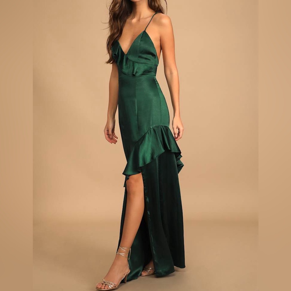SOLD OUT Lucky Lady Hunter Green Satin Ruffled Maxi Dress - Picture 2 of 12